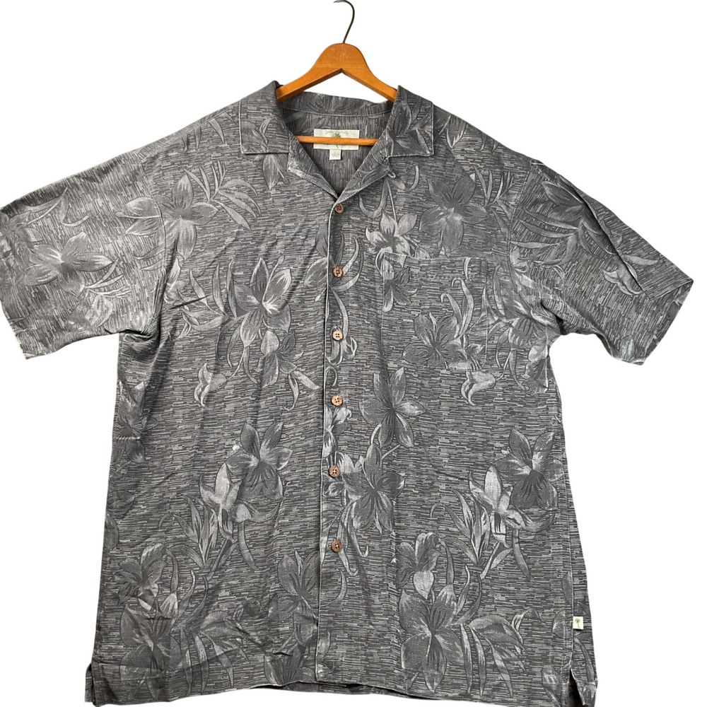 Island‎ Shores Button Down Shirt Mens Large Grey Washable Silk Floral